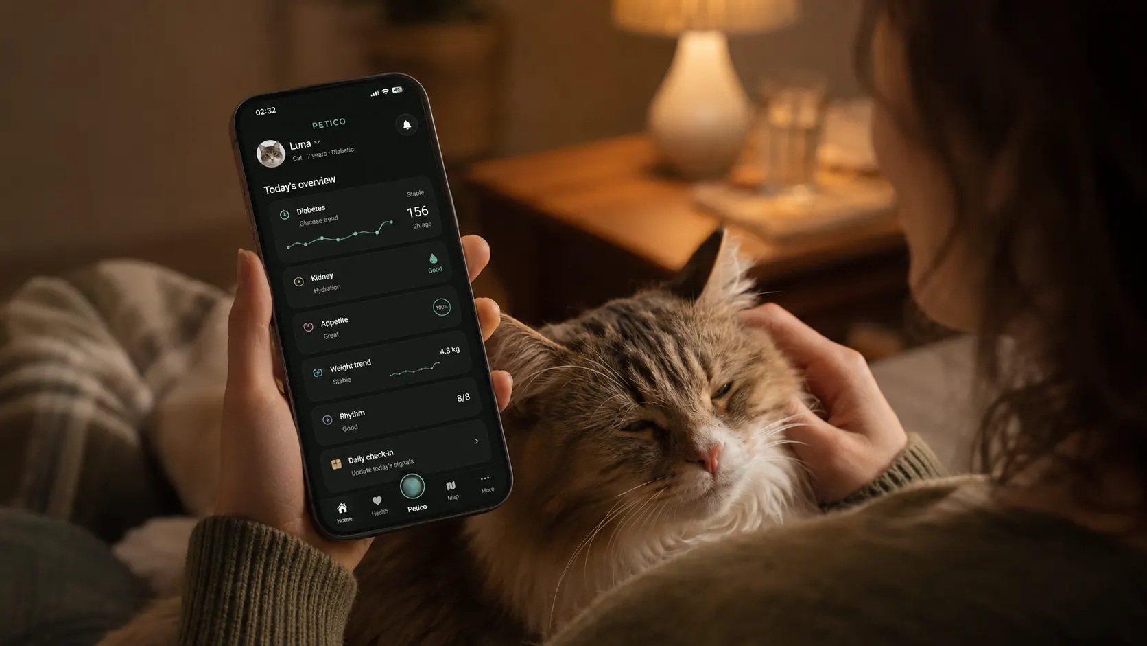 A woman on a sofa at night, one hand resting on a long-haired cat, the other holding a phone showing PETICO’s daily overview.