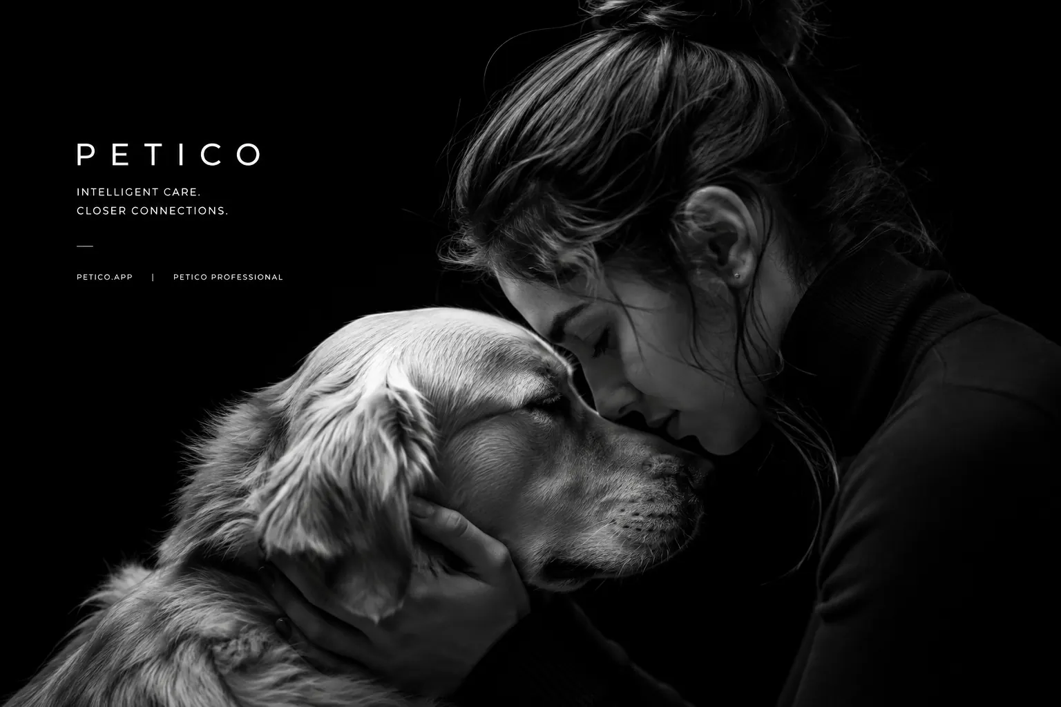 A woman resting her forehead against a golden retriever’s head, both with eyes closed, in black and white.