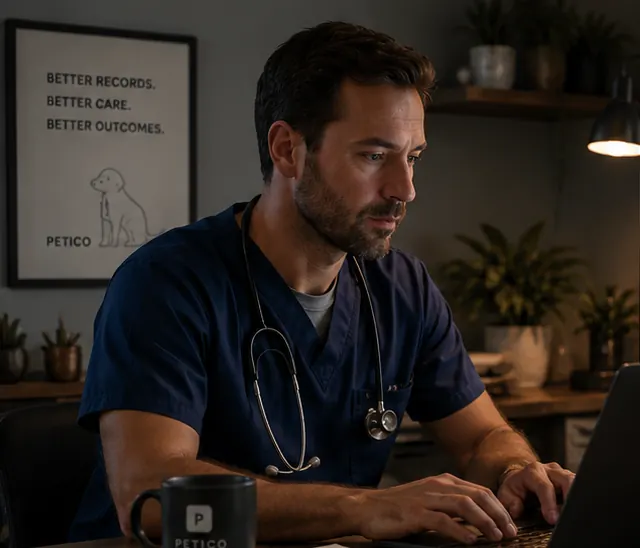 A veterinarian in scrubs working at a desk in a dim clinic office, a PETICO poster on the wall behind them.